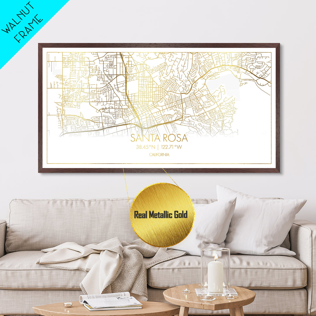 Santa Rosa California City street map, Metallic Gold Print, Metal Art, wood framed map, black and gold, Street Map Art, Minimalist Wall Art
