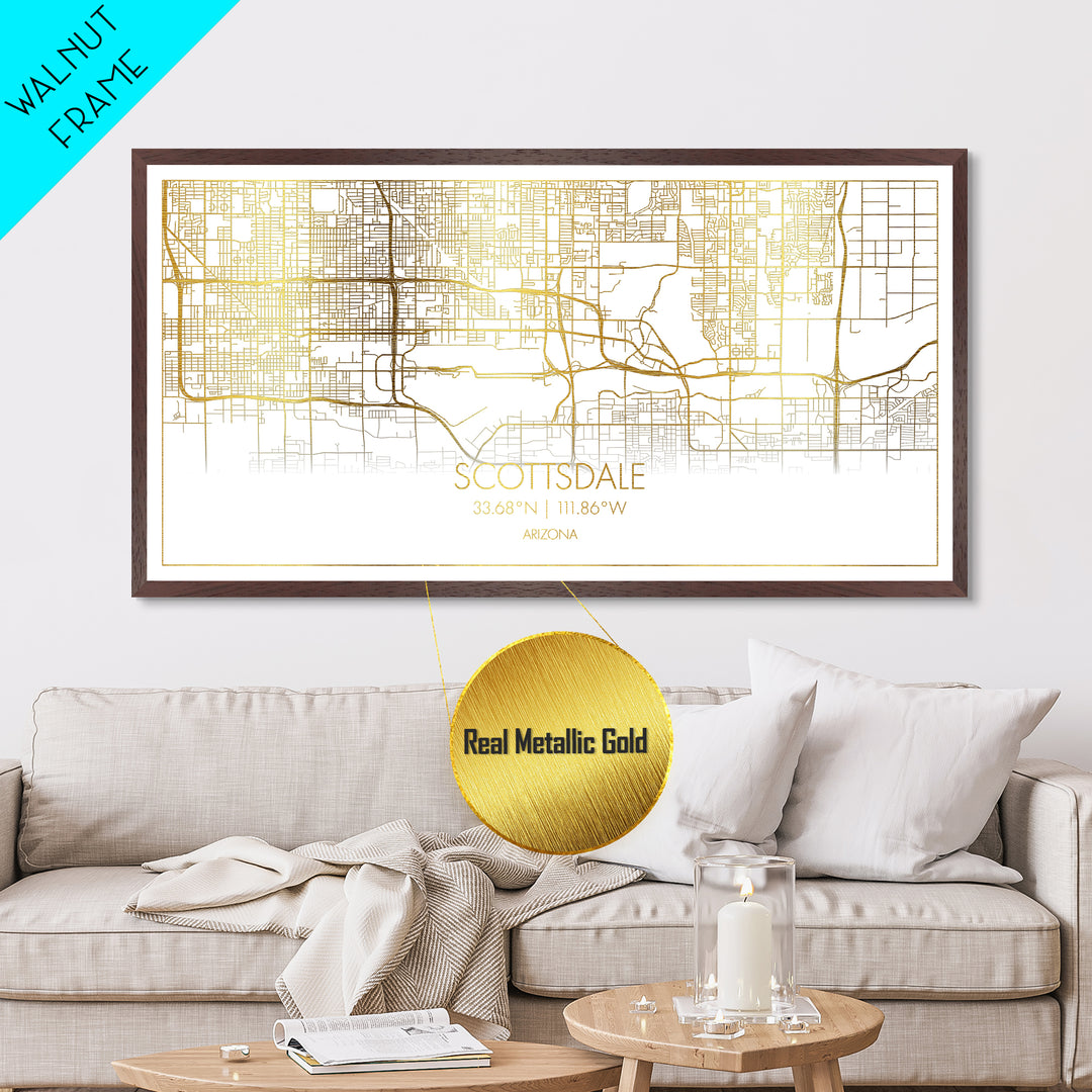 Scottsdale Arizona City Poster, Metallic Gold Art, Metal Art, real wood frames, black and gold, Street Map Wall Art, Map Art