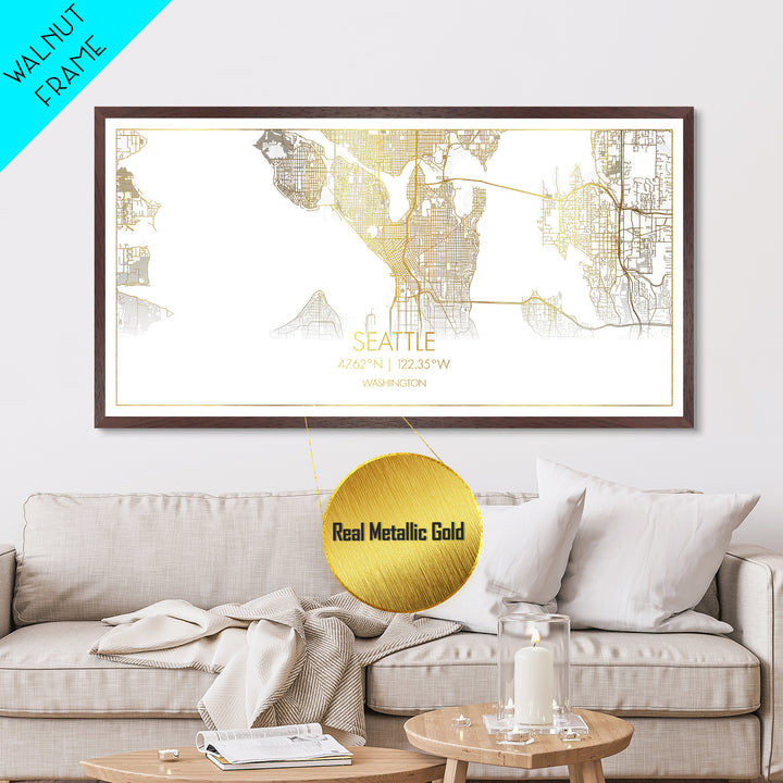 Seattle Washington City street map, Metallic Gold Print, Metal Art, wood framed map, black and gold, Street Map Art, Gold Street Map Art