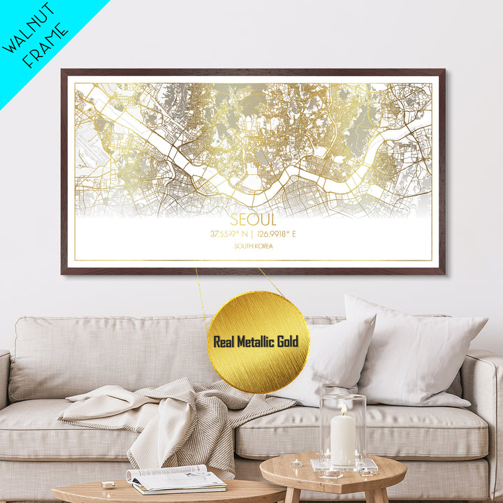 Seoul South Korea City Poster, Metallic Gold Art, Metal Art, real wood frames, black and gold, Street Map Wall Art, Office Decor