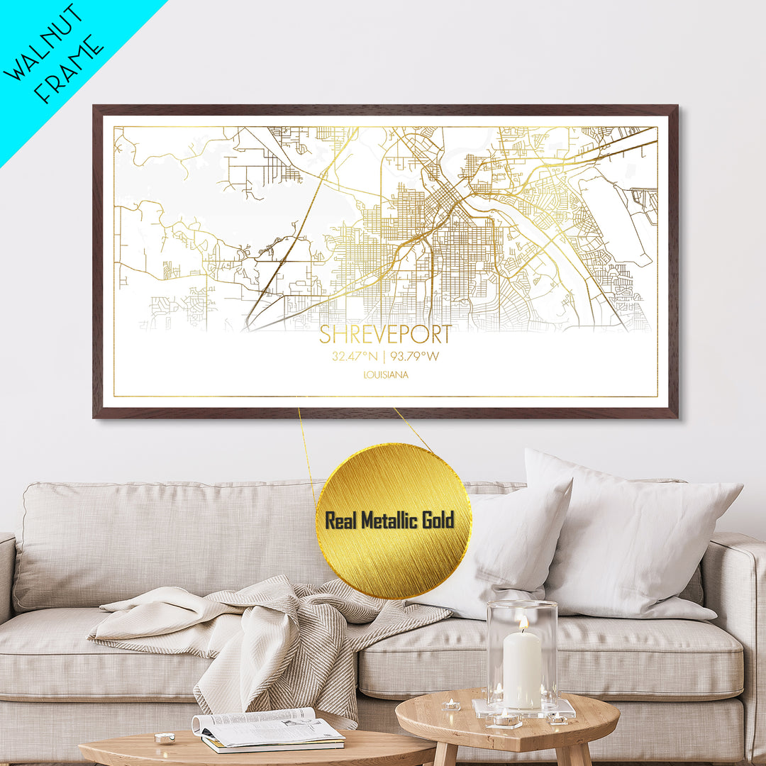 Shreveport Louisiana City street map, Metallic Gold Print, Metal Art, wood framed map, black and gold, Street Map Art, Real Wood Frames