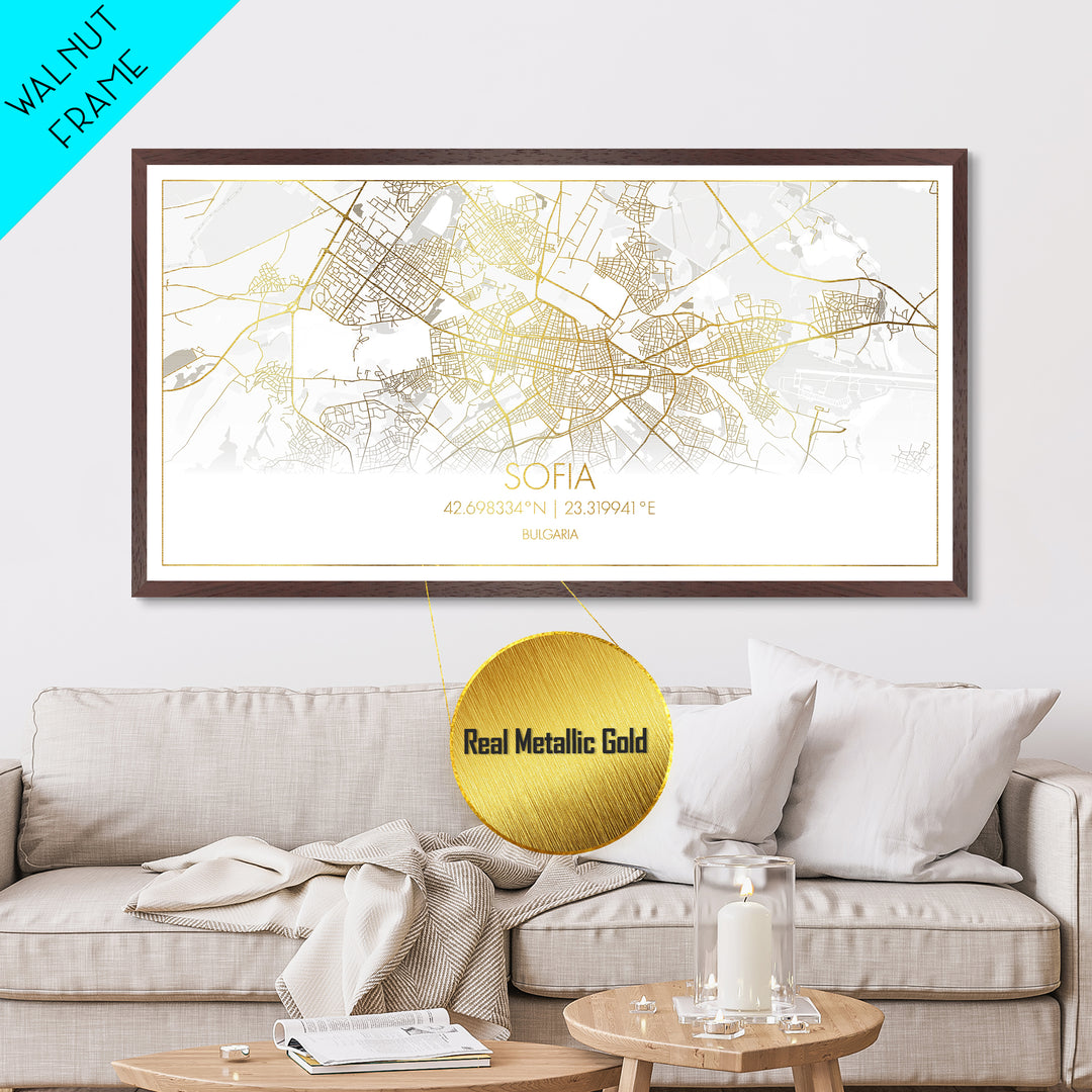 Sofia Bulgaria City Poster, Metallic Gold Art, Metal Art, real wood frames, black and gold, Street Map Wall Art, Modern Wall Art