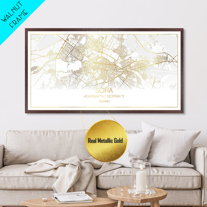 Sofia Bulgaria City Poster, Metallic Gold Art, Metal Art, real wood frames, black and gold, Street Map Wall Art, Modern Wall Art