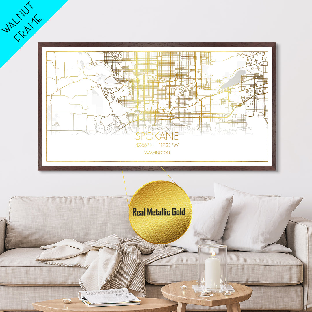 Spokane Washington City street map, Metallic Gold Print, Metal Art, wood framed map, black and gold, Street Map Art, Modern Wall Art