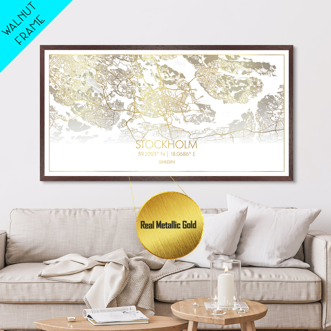 Stockholm Sweden City Poster, Metallic Gold Art, Metal Art, real wood frames, black and gold, Street Map Wall Art, Housewarming Gift