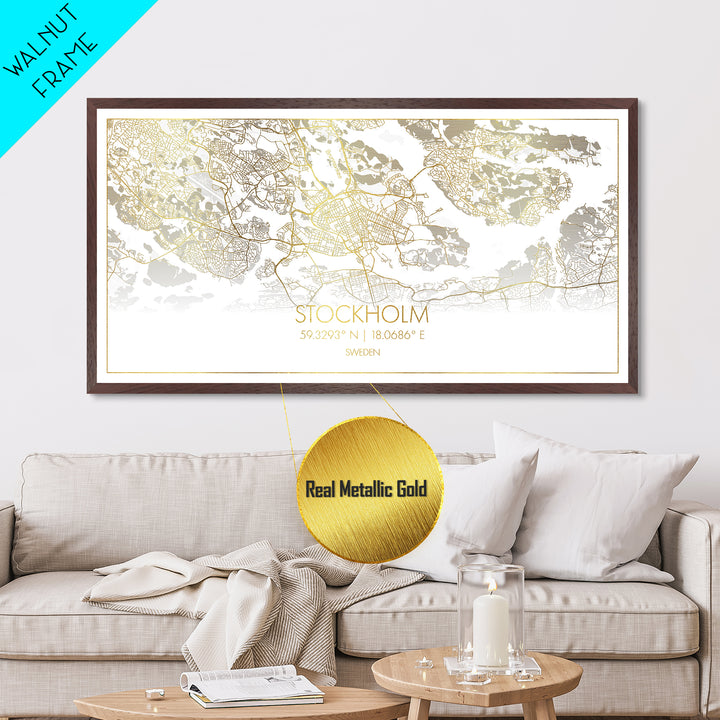Stockholm Sweden City Poster, Metallic Gold Art, Metal Art, real wood frames, black and gold, Street Map Wall Art, Housewarming Gift