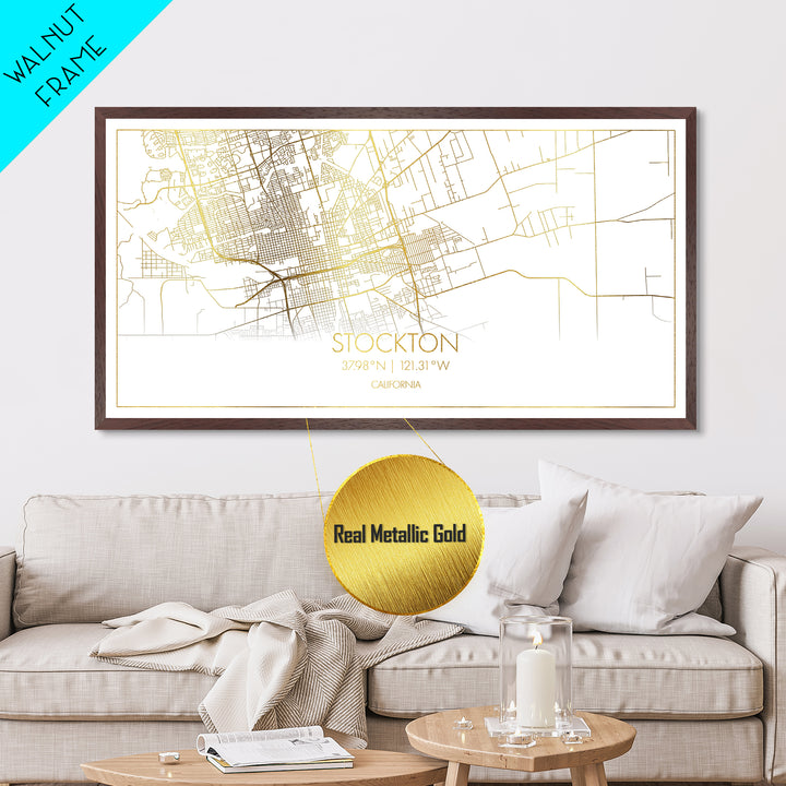 Stockton California City street map, Metallic Gold Print, Metal Art, wood framed map, black and gold, Street Map Art, Modern Wall Art