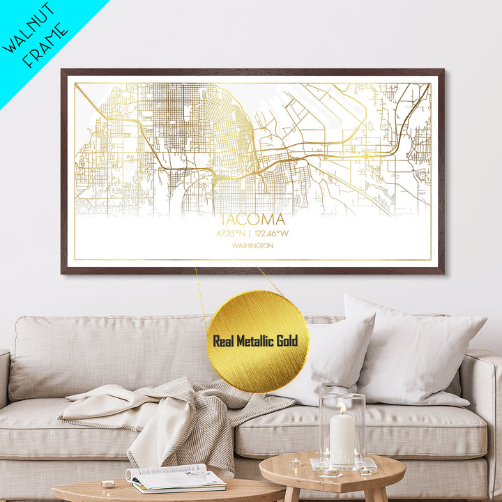 Tacoma Washington City Poster, Metallic Gold Art, Metal Art, real wood frames, black and gold, Street Map Wall Art, College Dorm Décor
