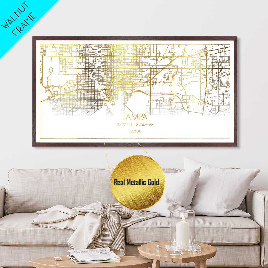 Tampa Florida City Poster, Metallic Gold Art, Metal Art, real wood frames, black and gold, Street Map Wall Art, Real Wood Frames