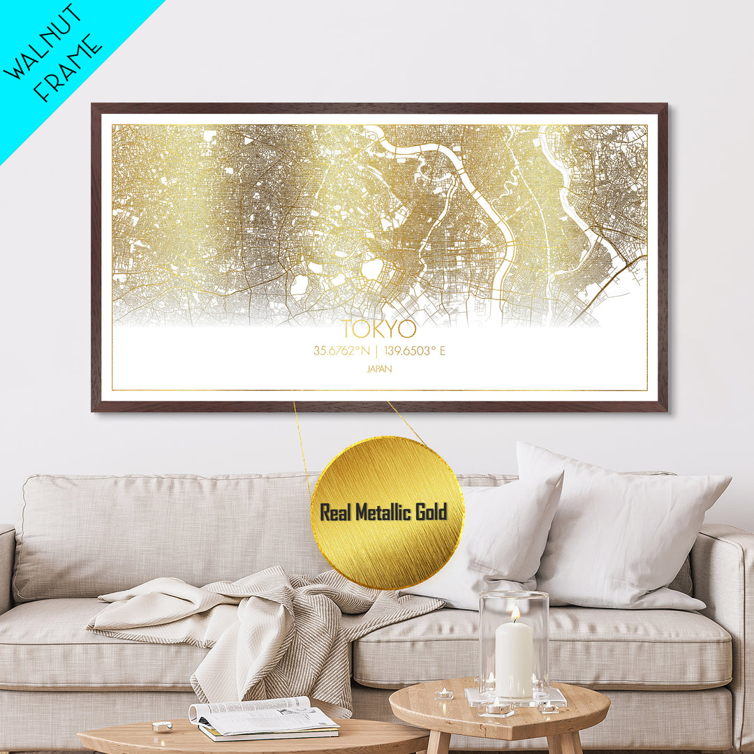 Tokyo Japan City Poster, Metallic Gold Art, Metal Art, real wood frames, black and gold, Street Map Wall Art, Minimalist Wall Art