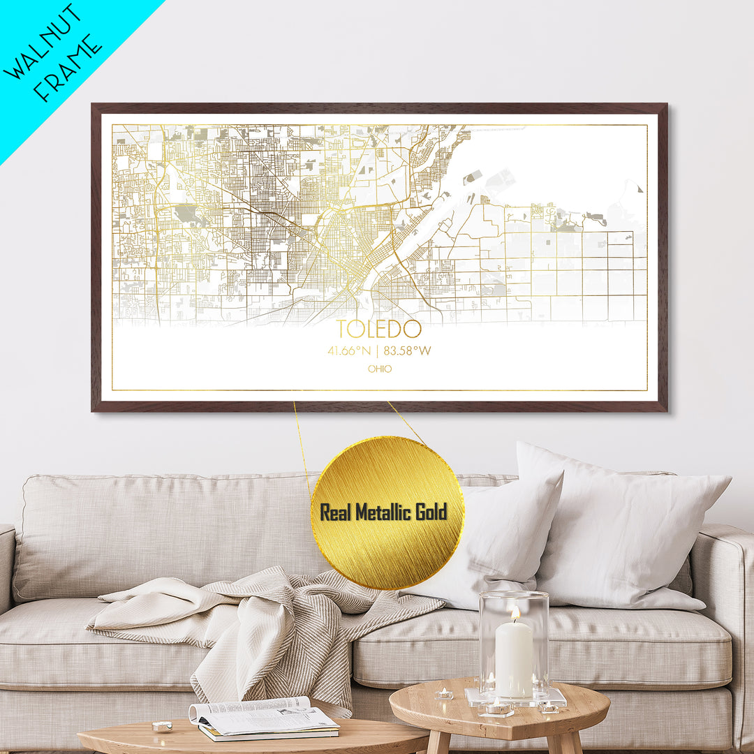 Toledo Ohio City Poster, Metallic Gold Art, Metal Art, real wood frames, black and gold, Street Map Wall Art, Real Wood Frames