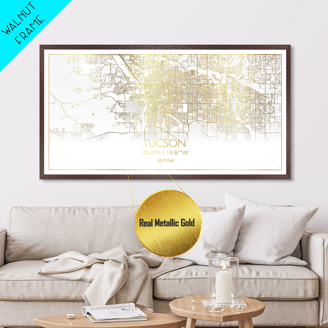 Tucson Arizona City street map, Metallic Gold Print, Metal Art, wood framed map, black and gold, Street Map Art, Housewarming Gift