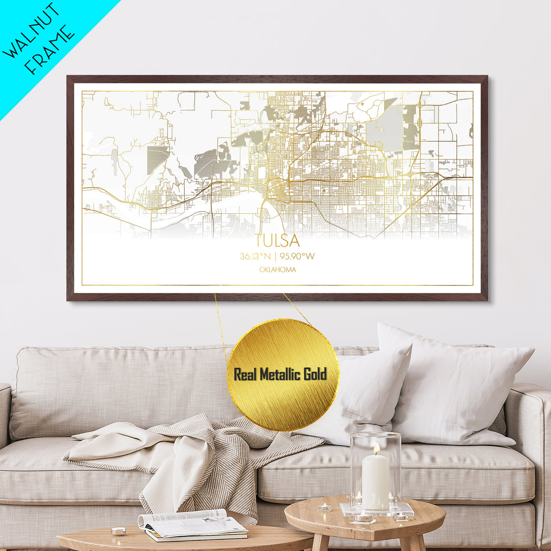 Tulsa Oklahoma City Poster, Metallic Gold Art, Metal Art, real wood frames, black and gold, Street Map Wall Art, Modern Wall Art