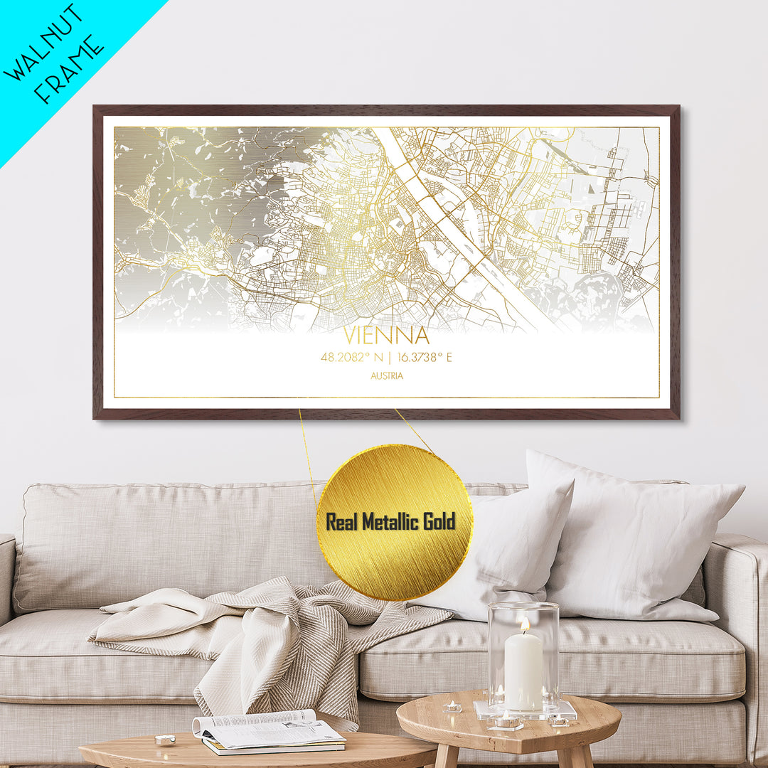 Vienna Austria City street map, Metallic Gold Print, Metal Art, wood framed map, black and gold, Street Map Art, Map Print Poster