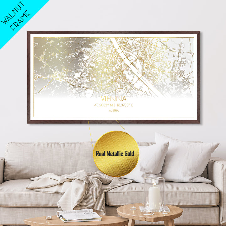 Vienna Austria City street map, Metallic Gold Print, Metal Art, wood framed map, black and gold, Street Map Art, Map Print Poster
