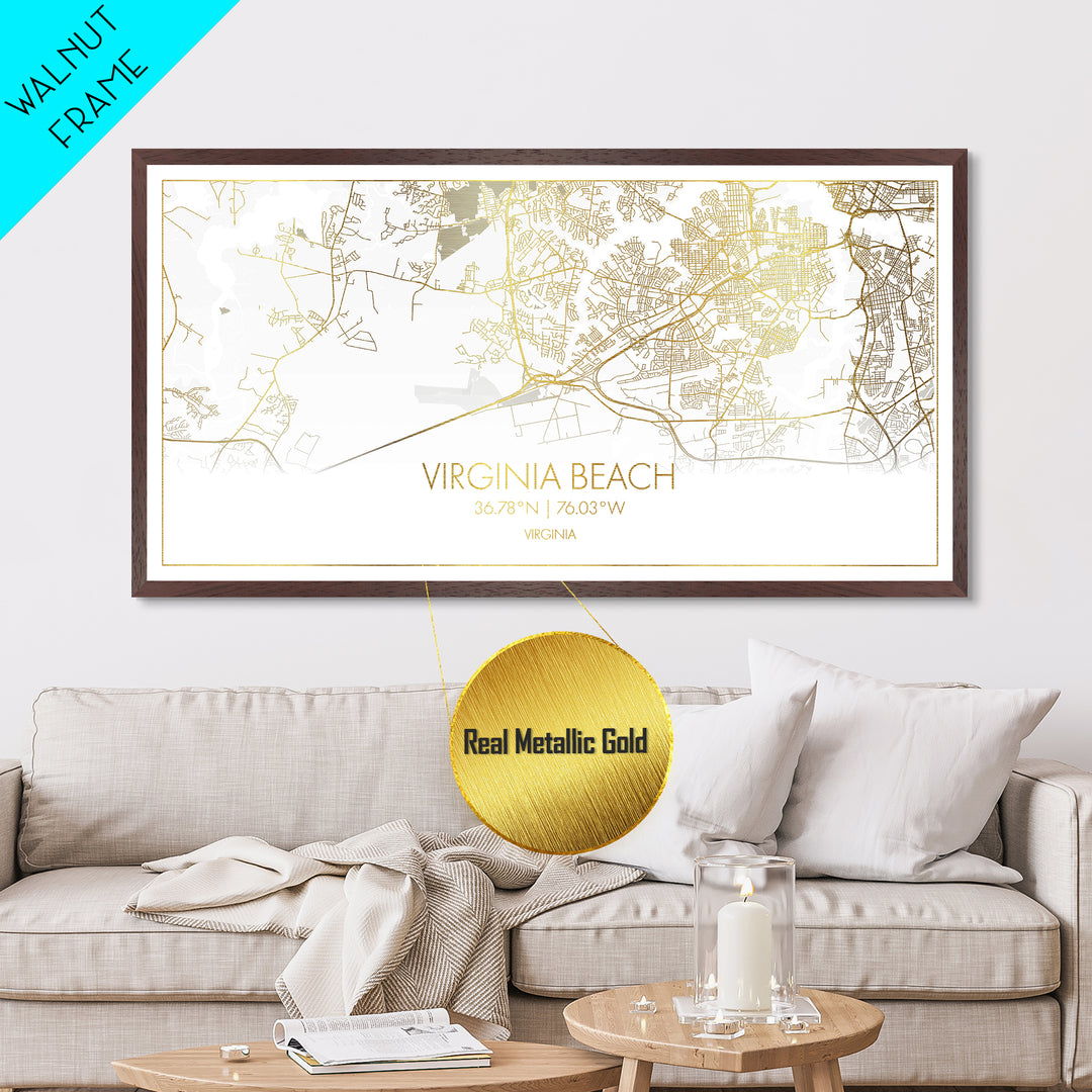 Virginia Beach Virginia City Poster, Metallic Gold Art, Metal Art, real wood frames, black and gold, Street Map Wall Art, Best Friend Gifts