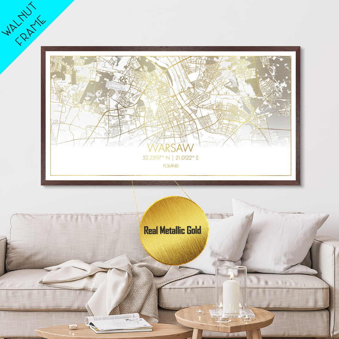 Warsaw Poland City street map, Metallic Gold Print, Metal Art, wood framed map, black and gold, Street Map Art, Real Wood Frames