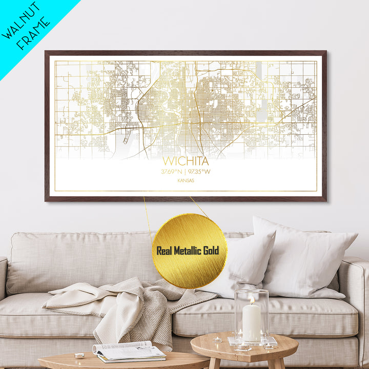 Wichita Kansas City street map, Metallic Gold Print, Metal Art, wood framed map, black and gold, Street Map Art, Minimalist Wall Art