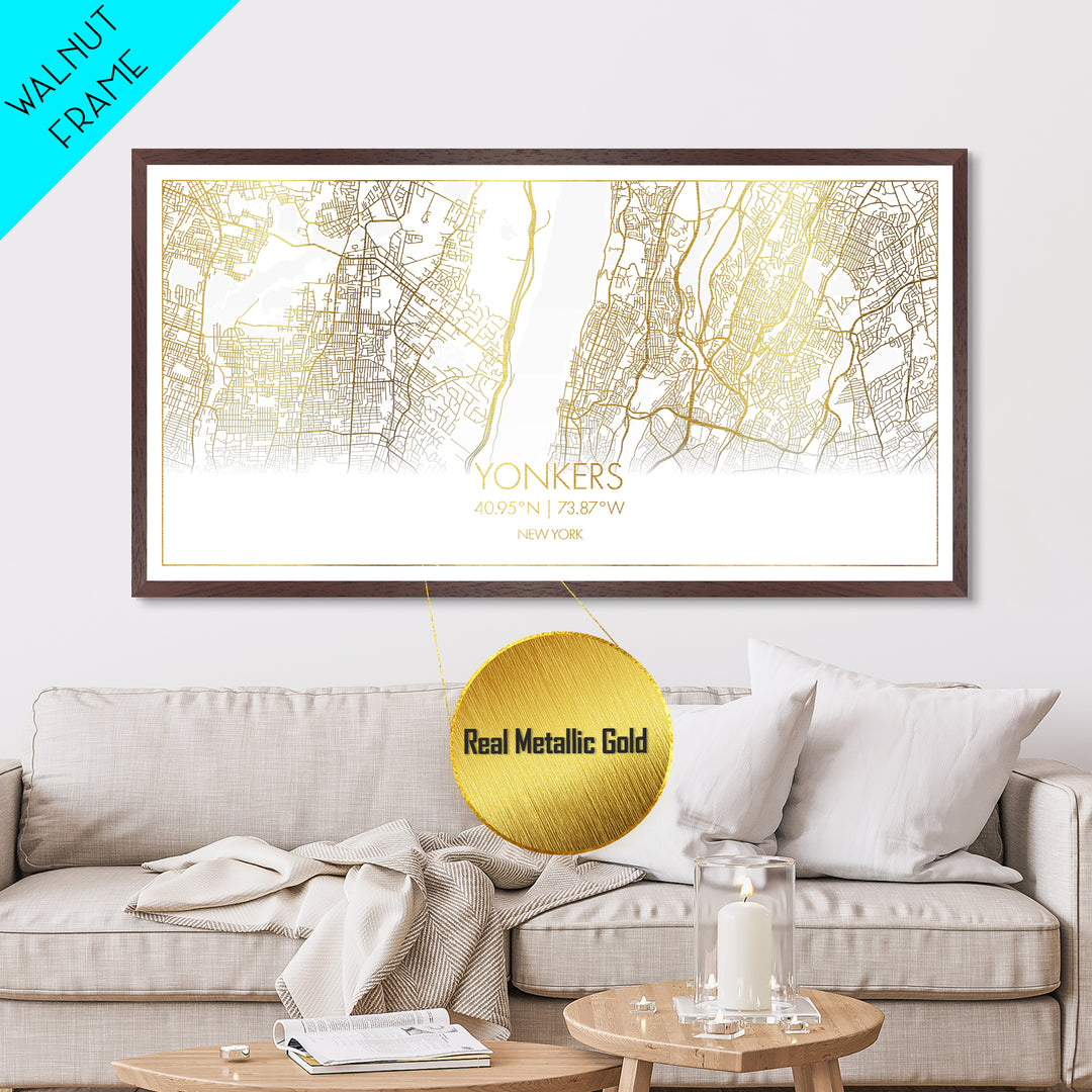 Yonkers New York City Poster, Metallic Gold Art, Metal Art, real wood frames, black and gold, Street Map Wall Art, Real Wood Frames