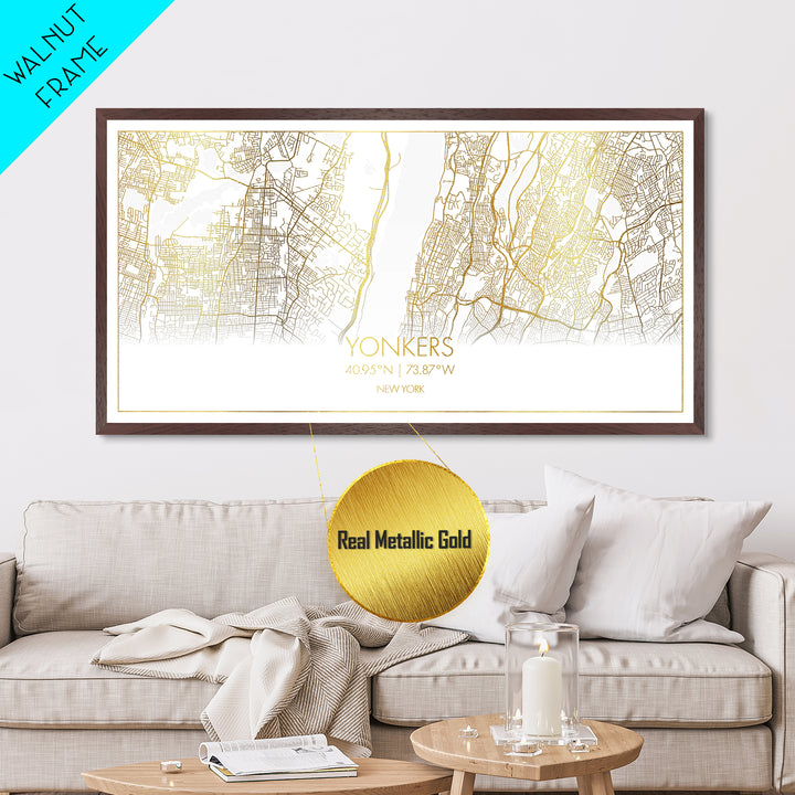 Yonkers New York City Poster, Metallic Gold Art, Metal Art, real wood frames, black and gold, Street Map Wall Art, Real Wood Frames