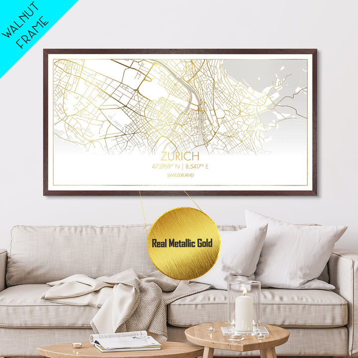 Zurich Switzerland City street map, Metallic Gold Print, Metal Art, wood framed map, black and gold, Street Map Art, Best Friend Gifts