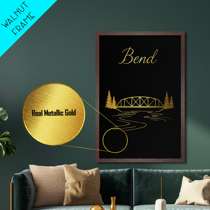 Bend Oregon Travel, Metallic Gold Art, Wood Framed Art, Metal Art, Modern Skyline Wall Print, Graduation Travel Gift, Wanderlust Gift