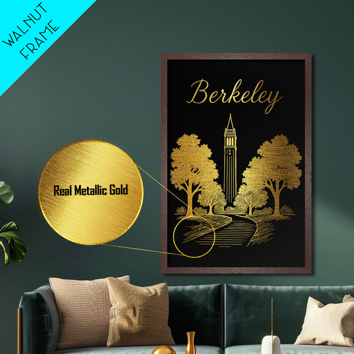 Berkeley California Art, Metallic Gold Print, Wood Framed Art, Metal Art, Minimalist Wall Art, Birthday Travel Gift, Anniversary Travel Gift
