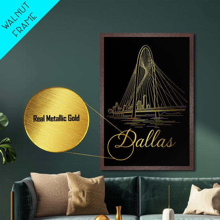 Dallas Texas Travel, Metallic Gold Print, Wood Framed Art, Metal Art, Modern Wall Art, Honeymoon Gift, Bedroom Wall Art