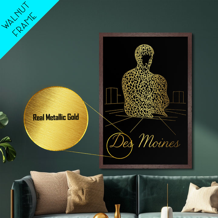 Des Moines Iowa Travel, Metallic Gold Art, Wood Framed Art, Metal Art, Minimalist Wall Art, Adventure Lover Gift, Entryway Wall Print