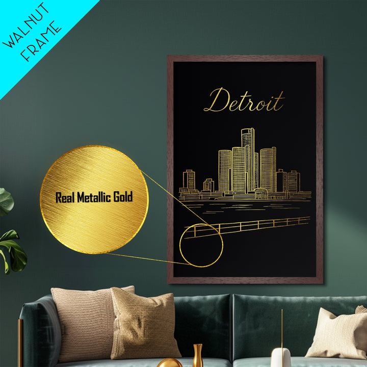 Detroit Michigan Travel, Metallic Gold Art, Wood Framed Art, Metal Art, Modern Skyline Wall Print, Wanderlust Gift, Bedroom Art