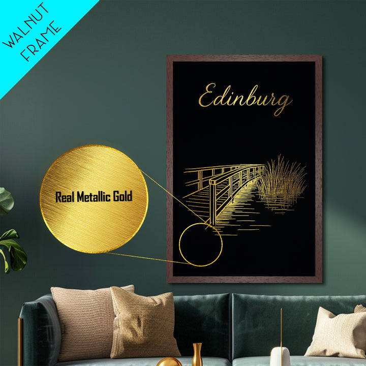 Edinburg Texas Travel, Metallic Gold Art, Wood Framed Art, Metal Art, Modern Skyline Wall Print, Graduation Gift, Bedroom Art