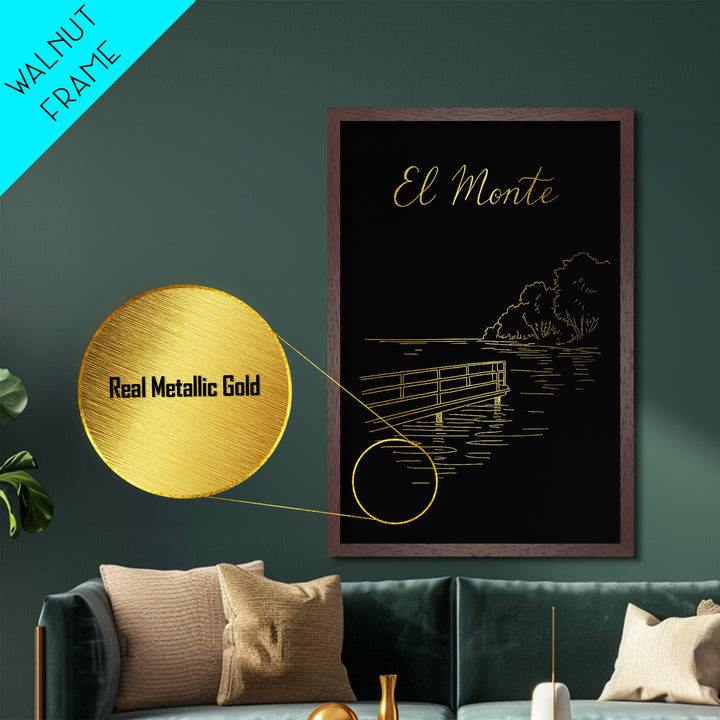 El Monte California Travel, Metallic Gold Art, Wood Framed Art, Metal Art, Modern Wall Art, Birthday Gift, Bedroom Art