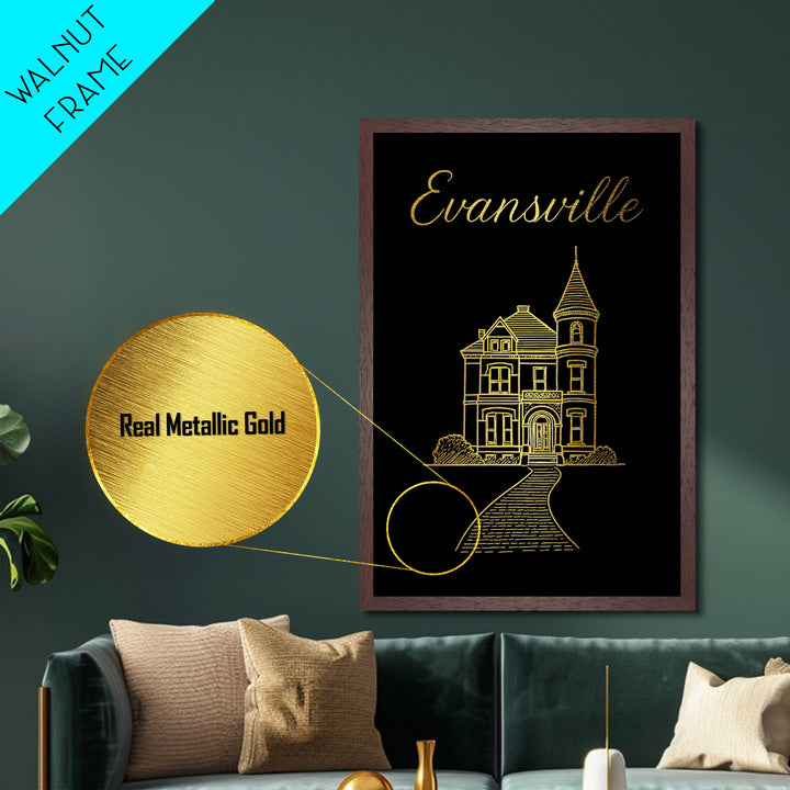 Evansville Indiana Travel, Metallic Gold Art, Wood Framed Art, Metal Art, Minimalist Wall Art, Honeymoon Gift, Living Room Art
