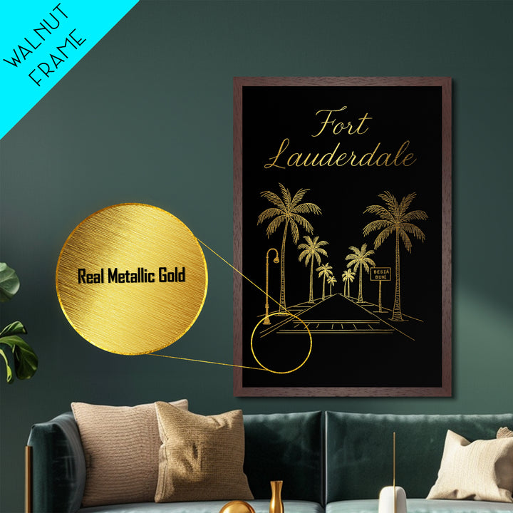 Fort Lauderdale Florida Art, Metallic Gold Print, Wood Framed Art, Metal Art, Minimalist Wall Art, Honeymoon Gift, Living Room Art