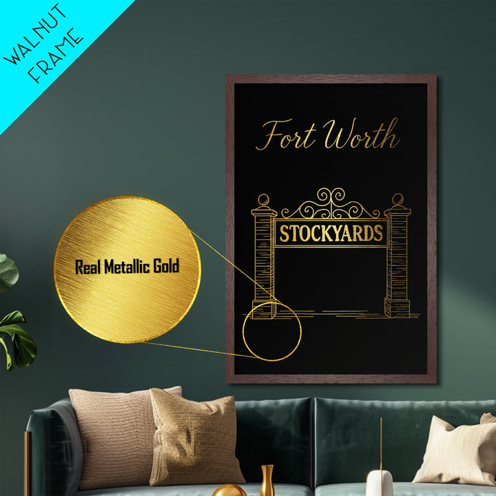 Fort Worth Texas Art, Metallic Gold Print, Wood Framed Art, Metal Art, Modern Wall Art, Anniversary Gift, Bedroom Art