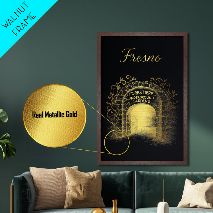 Fresno California Travel, Metallic Gold Art, Wood Framed Art, Metal Art, Modern Skyline Wall Print, Anniversary Gift, Entryway Wall Print