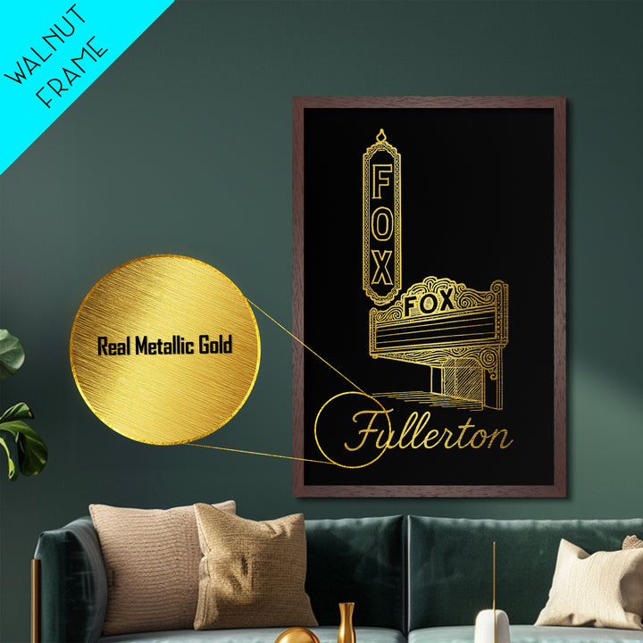 Fullerton California Travel, Metallic Gold Art, Wood Framed Art, Metal Art, Modern Skyline Wall Print, Retirement Gift, Bedroom Wall Art