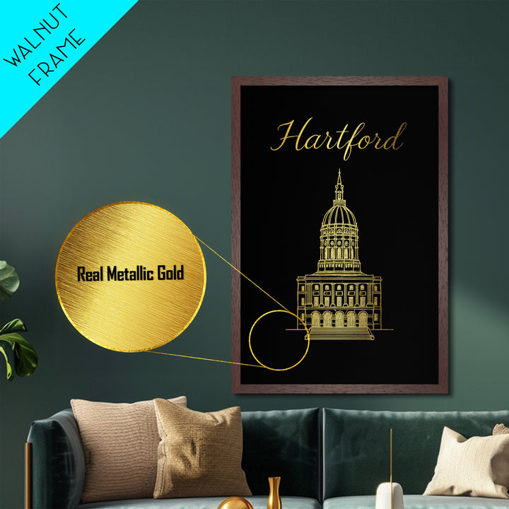 Hartford Connecticut Art, Metallic Gold Print, Wood Framed Art, Metal Art, Modern Wall Art, Graduation Gift, Entryway Wall Print