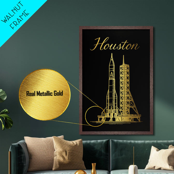 Houston Texas Art, Metallic Gold Print, Wood Framed Art, Metal Art, Modern Wall Art, Adventure Lover Gift, Entryway Wall Print