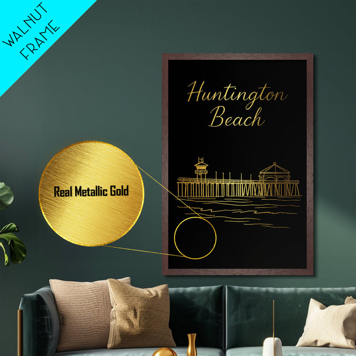 Huntington Beach California Art, Metallic Gold Print, Wood Framed Art, Metal Art, Modern House Art, Wanderlust Gift, Bedroom Art