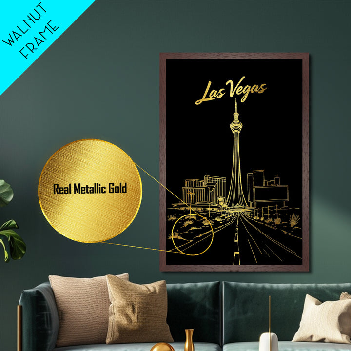 Las Vegas Nevada Travel, Metallic Gold Print, Wood Framed Art, Metal Art, Minimalist Wall Art, Destination Gift, Living Room Art
