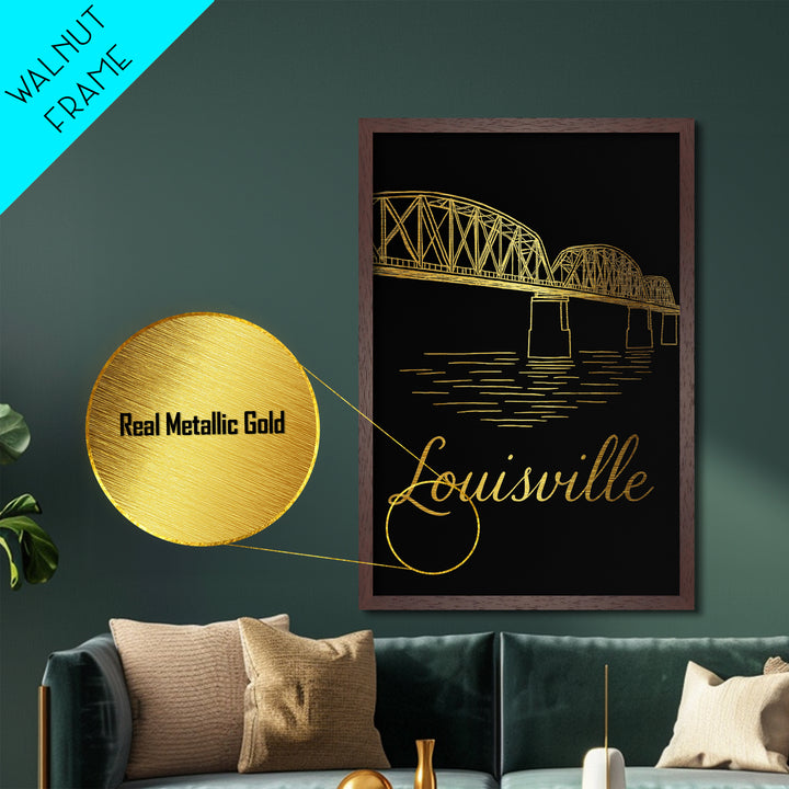 Louisville Kentucky Art, Metallic Gold Art, Wood Framed Art, Metal Art, Destination Gift, Entryway Wall Print, Hallway Wall Art
