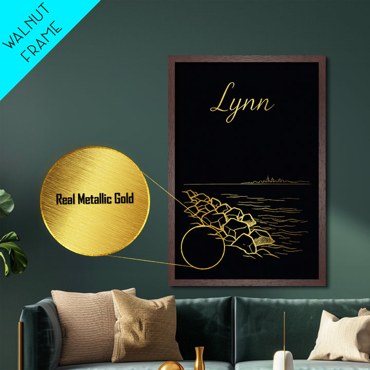 Lynn Massachusetts Art, Metallic Gold Art, Wood Framed Art, Metal Art, Traveler Gift, Entryway Wall Print, Living Room Art