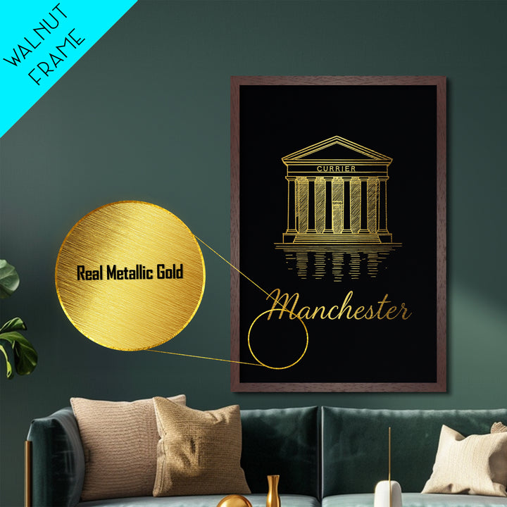 Manchester New Hampshire Art, Metallic Gold Art, Wood Framed Art, Metal Art, Adventure Lover Gift, Living Room Art, Bedroom Wall Art
