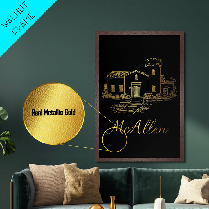McAllen Texas Travel, Metallic Gold Print, Wood Framed Art, Metal Art, Traveler Gift, Living Room Art, Entryway Wall Print