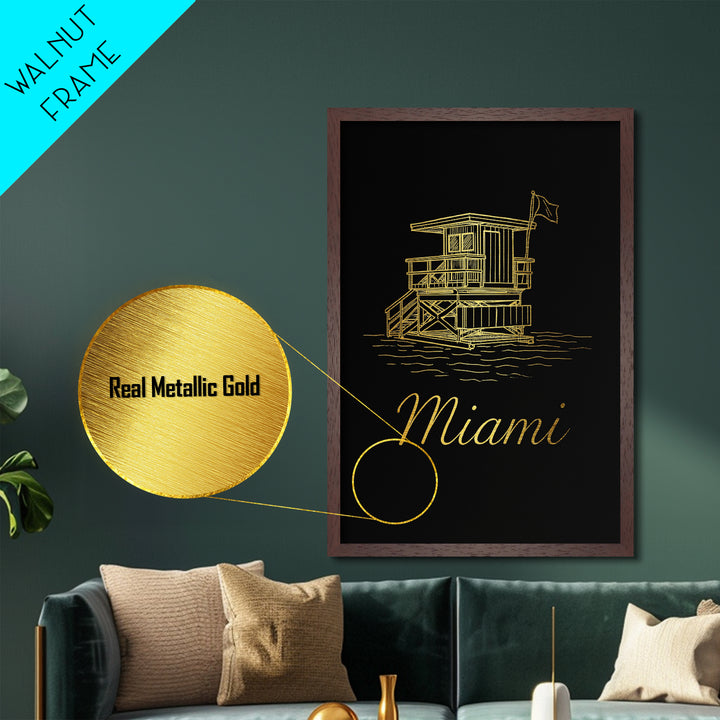 Miami Florida Art, Metallic Gold Print, Wood Framed Art, Metal Art, Adventure Lover Gift, Entryway Wall Print, Living Room Art