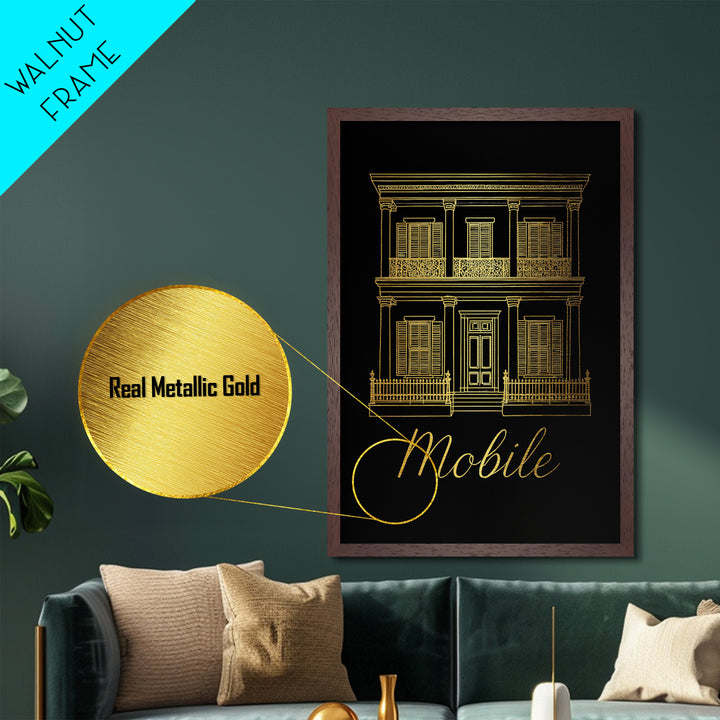 Mobile Alabama Art, Metallic Gold Art, Wood Framed Art, Metal Art, Anniversary Gift, Entryway Wall Print, Hallway Wall Art