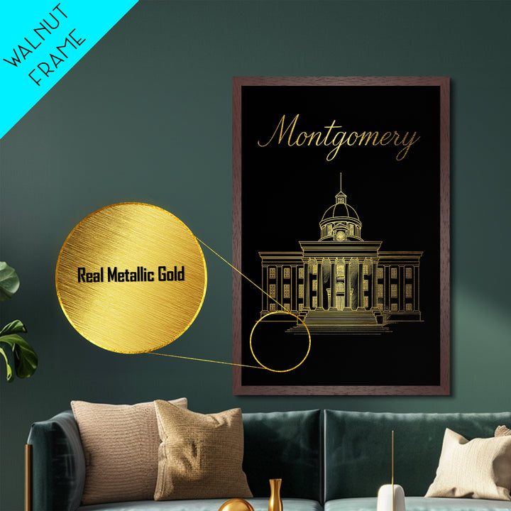Montgomery Alabama Art, Metallic Gold Art, Wood Framed Art, Metal Art, Birthday Gift, Entryway Wall Print, Hallway Wall Art