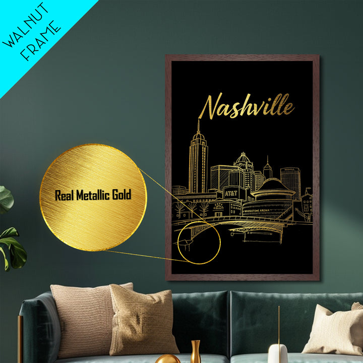 Nashville Tennessee Travel, Metallic Gold Art, Wood Framed Art, Metal Art, Minimalist Wall Art, Honeymoon Gift, Bedroom Art