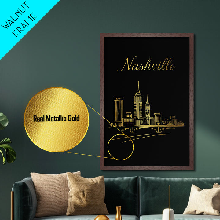 Nashville Tennessee Art, Metallic Gold Print, Wood Framed Art, Metal Art, Modern House Art, Birthday Gift, Entryway Wall Print